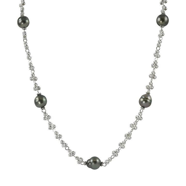 Sterling Silver Tahitian Cultured Pearl Bead Station Necklace, Women's, Black