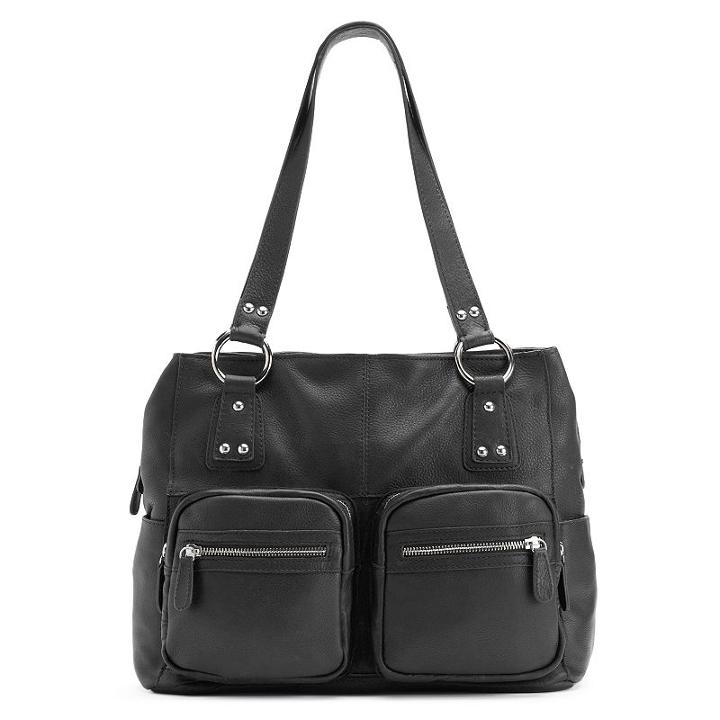 R & R Leather Zip Pocket Leather Tote, Women's, Black