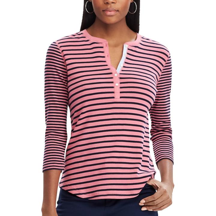 Women's Chaps 3/4-sleeve Henley, Size: Large, Pink