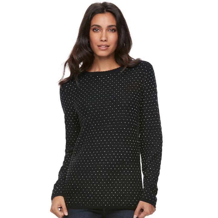 Women's Elle&trade; Textured Embellished Sweater, Size: Medium, Black