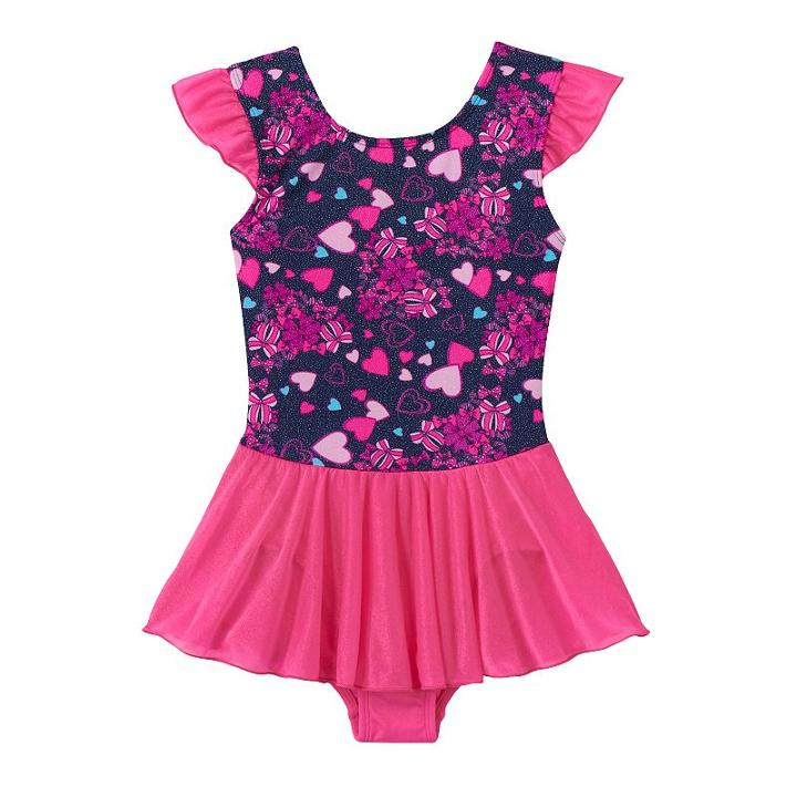 Girls 4-14 Jacques Moret Bow & Hearts Skirtall Leotard, Girl's, Size: Small, Blue (navy)