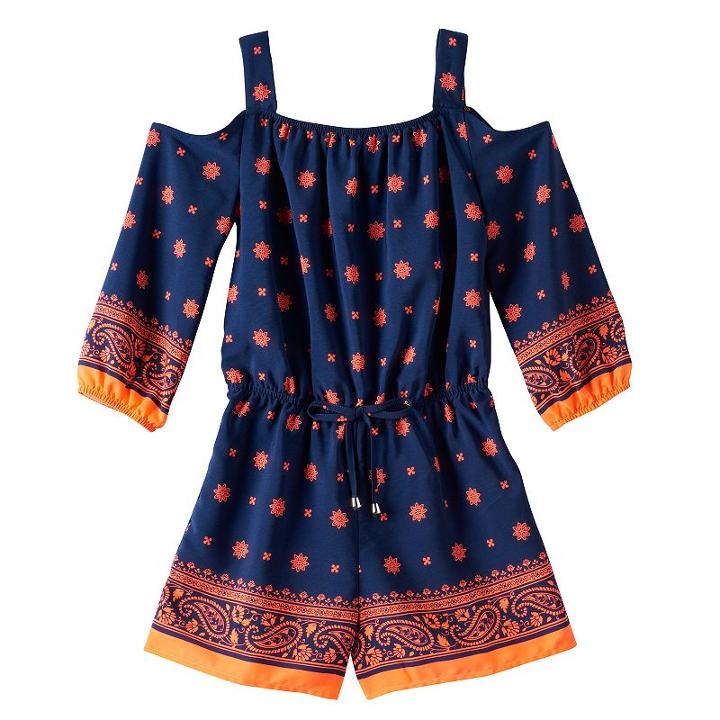 Girls 7-16 My Michelle Cold Shoulder Border Romper, Girl's, Size: Large, Blue