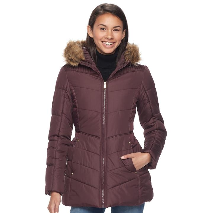 Juniors' Pink Envelope Faux-fur Hood Puffer Jacket, Teens, Size: Xl, Red