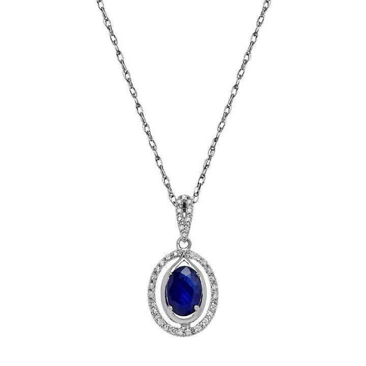 10k White Gold Sapphire & 1/10 Carat T.w. Diamond Oval Halo Pendant Necklace, Women's, Blue