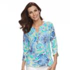 Women's Caribbean Joe Mosaic Henley Top, Size: Small, Med Blue
