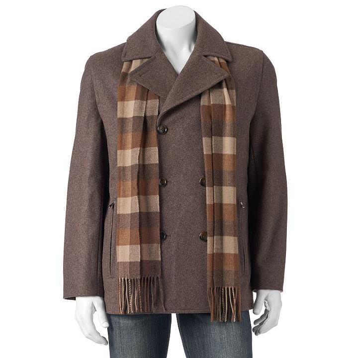 Big & Tall Towne Wool-blend Double-breasted Peacoat With Plaid Scarf, Men's, Size: L Tall, Med Brown