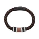 Tri Tone Stainless Steel Leather Braided Bracelet - Men, Size: 8.5, Multicolor