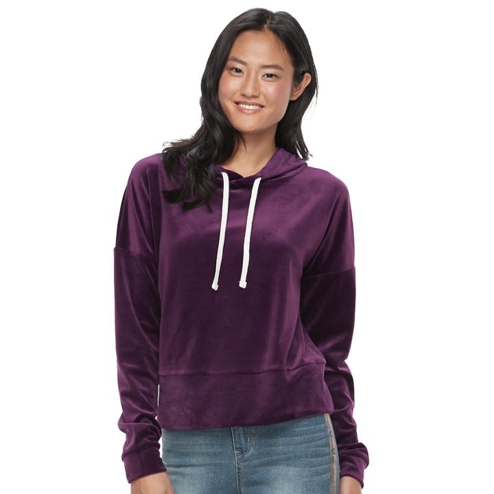 Juniors' So&reg; Cropped Velour Hoodie, Teens, Size: Large, Drk Purple