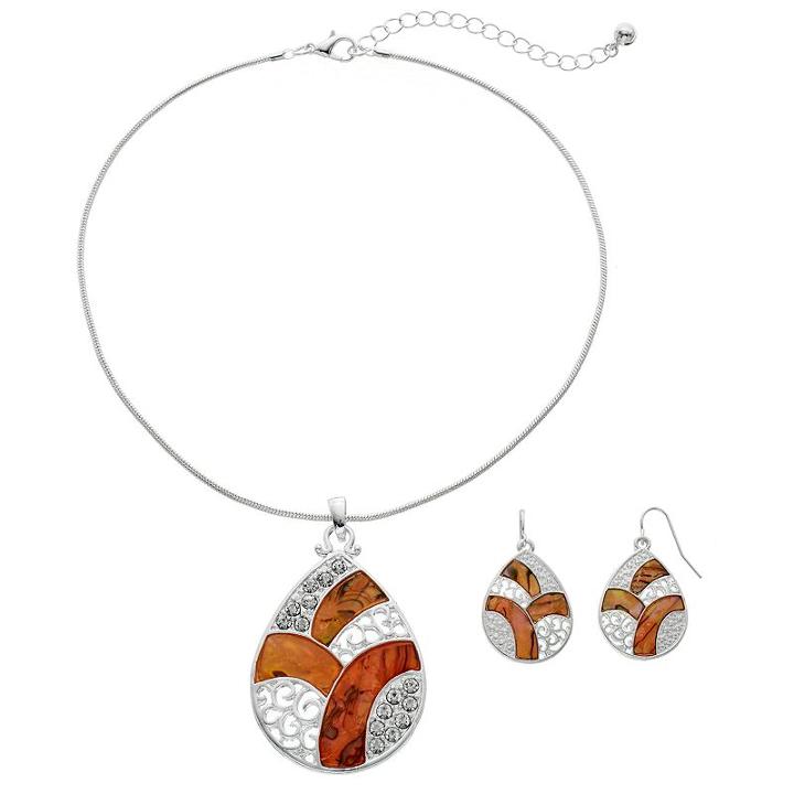 Brown Filigree Teardrop Pendant Necklace & Earring Set, Women's, Pink Other