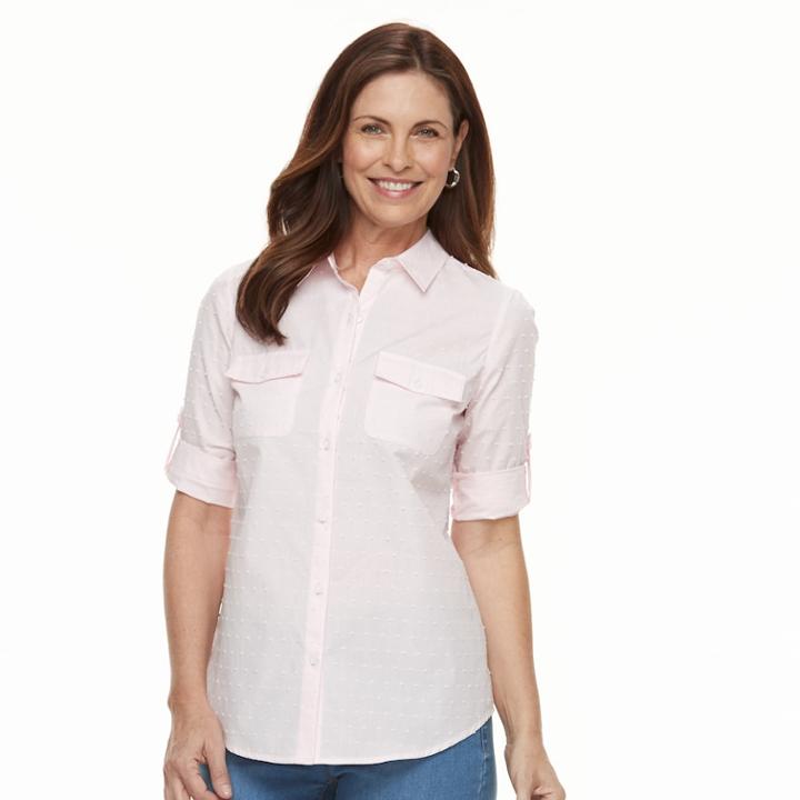 Women's Croft & Barrow&reg; Roll-tab Woven Shirt, Size: Medium, Brt Pink