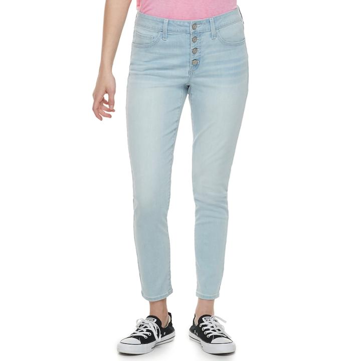 Juniors' So&reg; Exposed Button High-waisted Ankle Jeggings, Teens, Size: 1, Blue