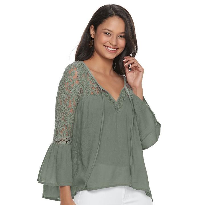 Juniors' Mudd&reg; Lace Sleeve Peasant Top, Teens, Size: Xs, Med Green