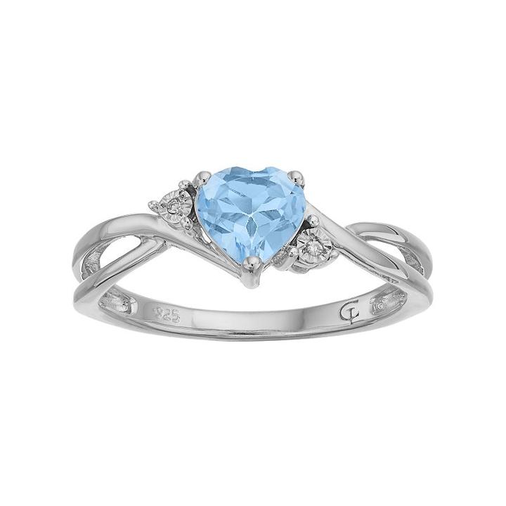 10k White Gold Simulated Aquamarine & Diamond Accent Swirl Heart Ring, Women's, Size: 7, Blue