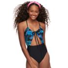 Palm Leaf Tie-front Monokini Swimsuit, Teens, Size: Xl, Black Palm