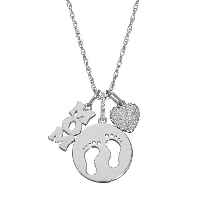 1/6 Carat T.w. Diamond Mom, Footprints & Heart Pendant Necklace, Women's, Size: 18, White