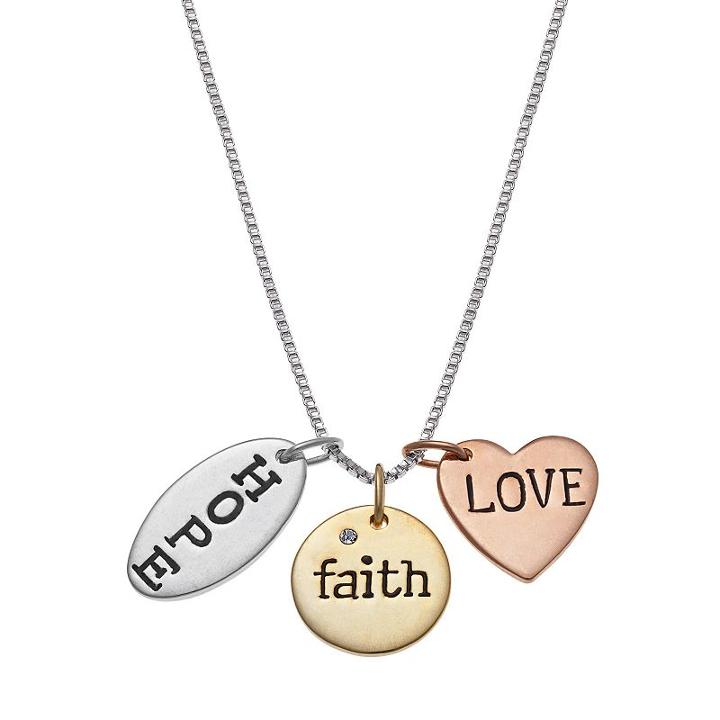 Tri-tone Sterling Silver Hope, Faith & Love Charm Necklace, Women's, Size: 18, Grey