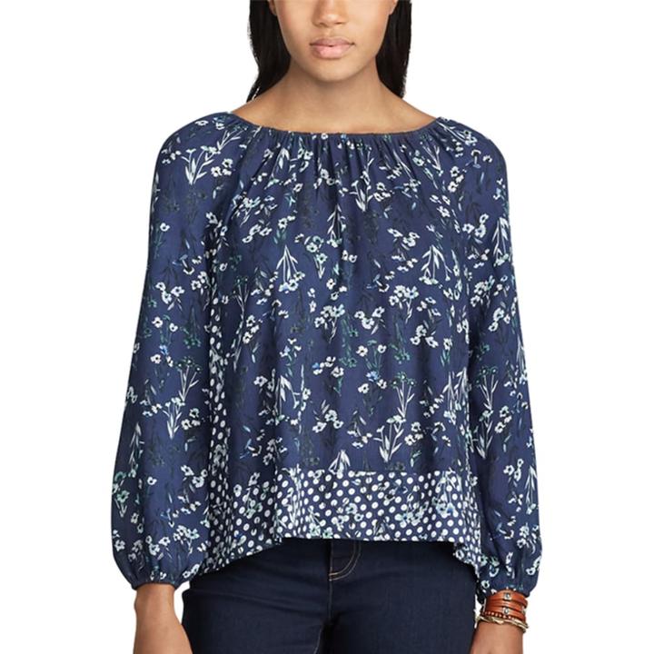 Petite Chaps Floral Peasant Top, Women's, Size: Xs Petite, Blue