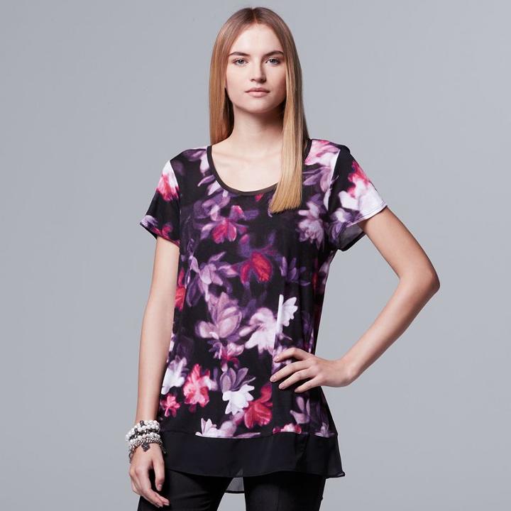 Petite Simply Vera Vera Wang Printed Chiffon-trim Tee, Women's, Size: Xl Petite, Black