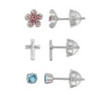 Lulabelle Kids' Sterling Silver Crystal Cross & Flower Stud Earring Set, Women's, Blue