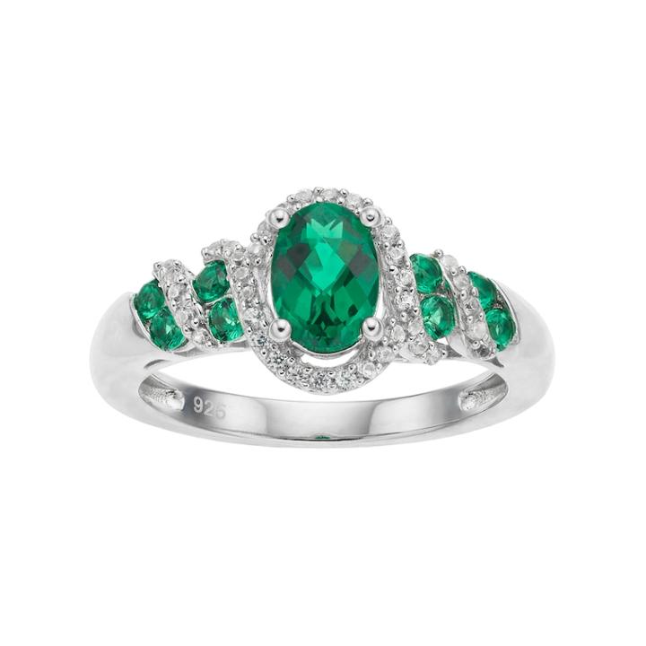 Sterling Silver Lab-created Emerald & White Sapphire Oval Halo Ring, Women's, Size: 7, Green
