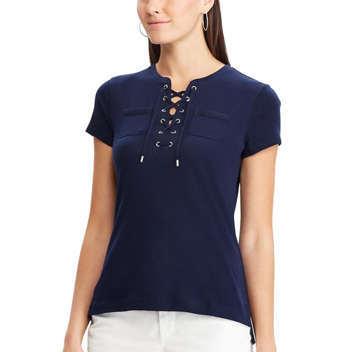 Women's Chaps Lace-up Cotton Tee, Size: Large, Blue