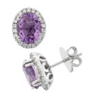 Amethyst And Cubic Zirconia Platinum Over Silver Tiered Oval Halo Stud Earrings, Women's, Purple