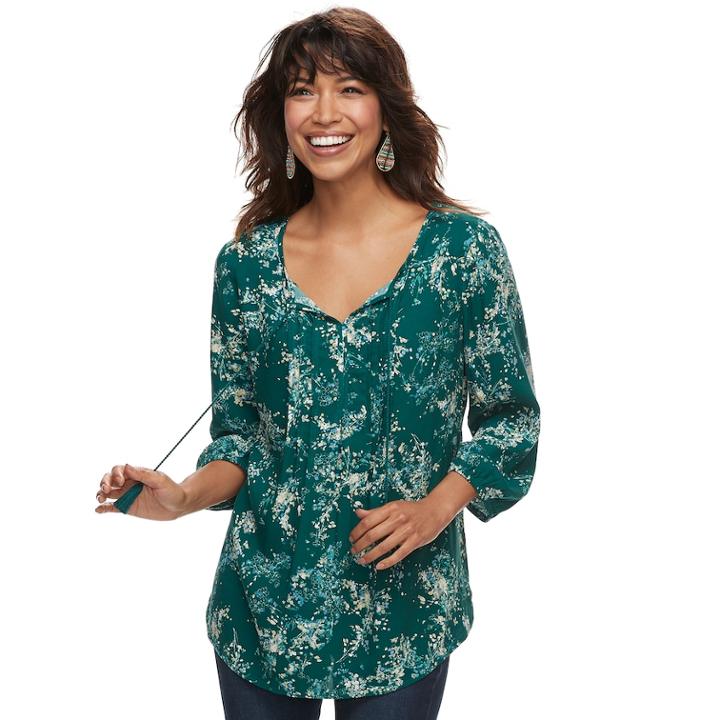 Petite Sonoma Goods For Life&trade; Printed Pintuck Peasant Top, Women's, Size: M Petite, Dark Blue