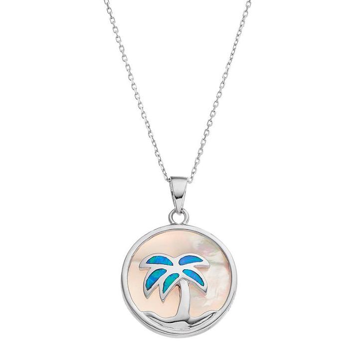 Sterling Silver Mother-of-pearl & Lab-created Blue Opal Palm Tree Disc Pendant, Women's, Size: 18