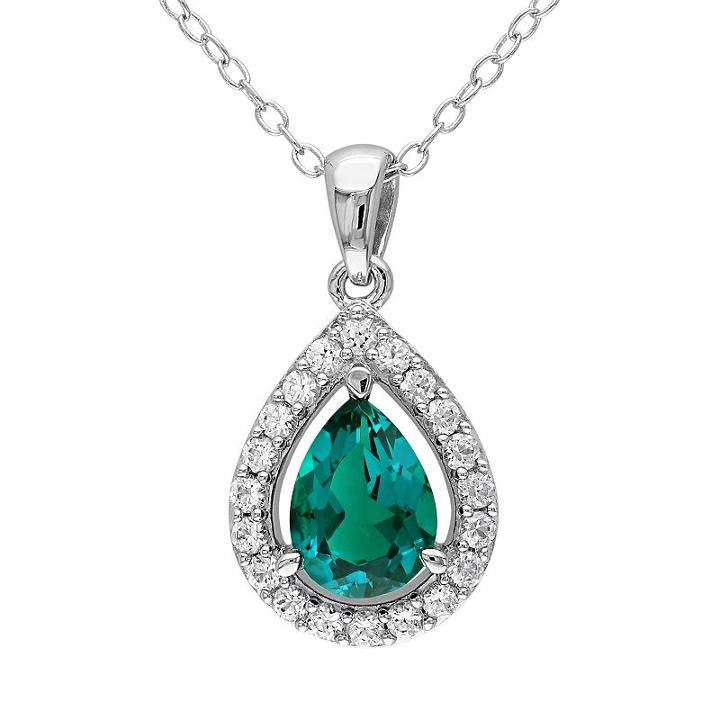 Lab-created Emerald & Lab-created White Sapphire Sterling Silver Teardrop Halo Pendant Necklace, Women's, Size: 18