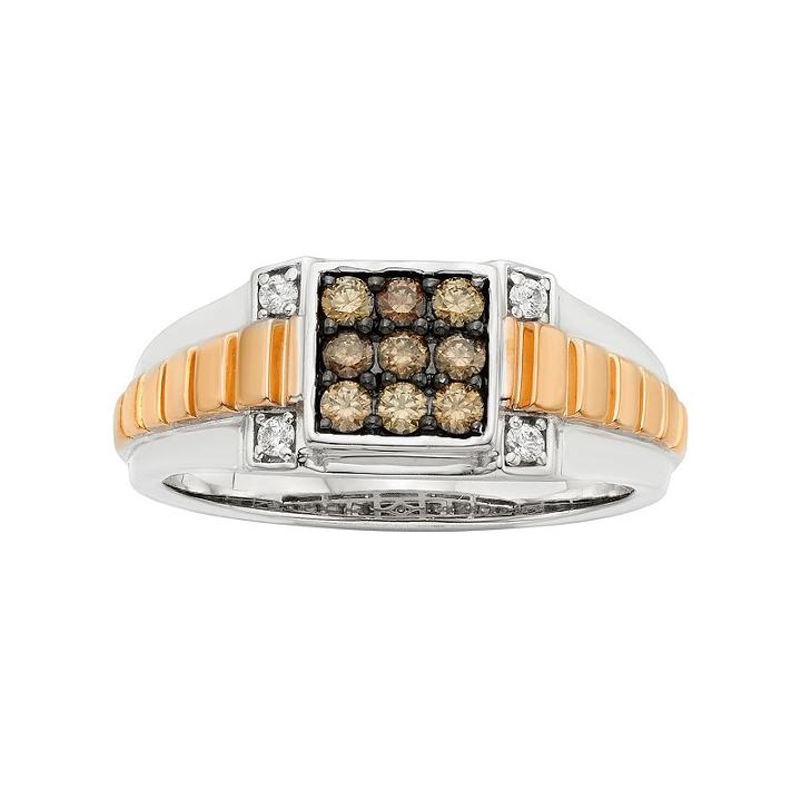 Men's Two Tone 10k Gold 1/2 Carat T.w. Diamond Cluster Band, Size: 8.50, Brown
