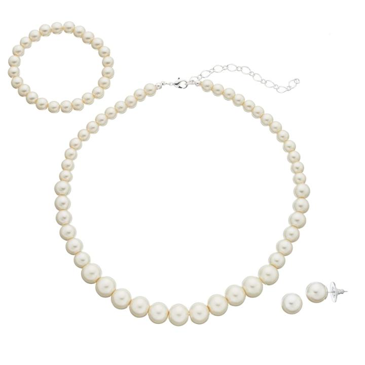 Simulated Pearl Necklace, Stretch Bracelet & Stud Earring Set, Women's, White Oth