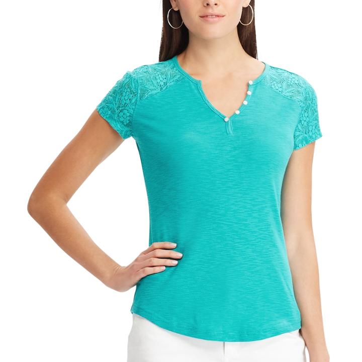 Women's Chaps Lace Sleeve Henley Tee, Size: Medium, Blue