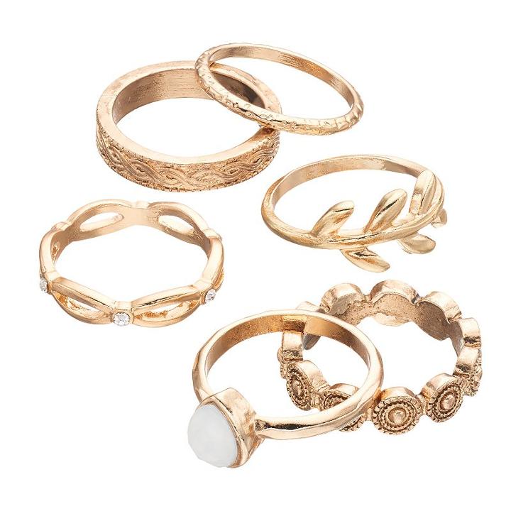 Leaf, Teardrop & Textured Ring Set, Women's, Size: 7, Gold