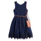 Girls 7-16 Knitworks Lace Belted Skater Dress With Crossbody Purse, Size: 12, Blue (navy)