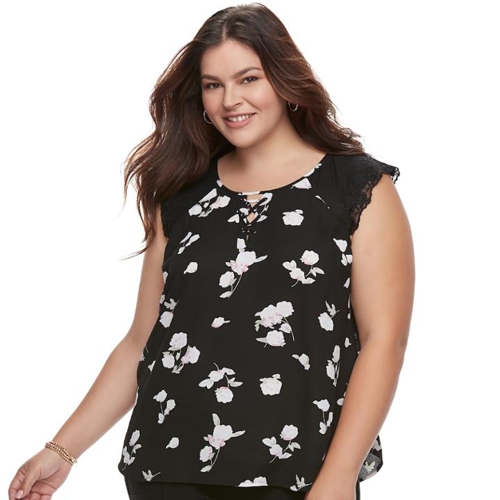 Juniors' Plus Size Candie's&reg; Floral Lace-up Flutter Top, Teens, Size: 1xl, Black