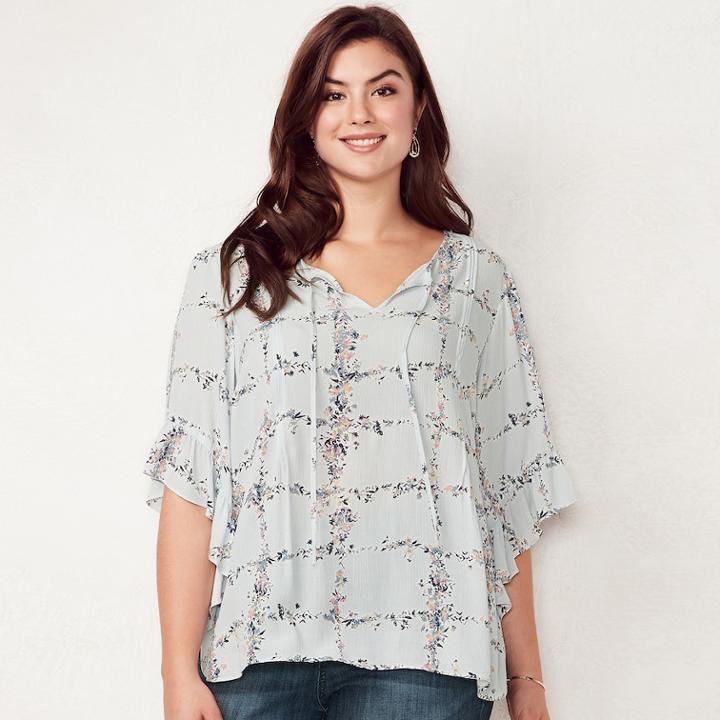 Plus Size Lc Lauren Conrad Print Flounce Sleeve Top, Women's, Size: 1xl, Light Blue