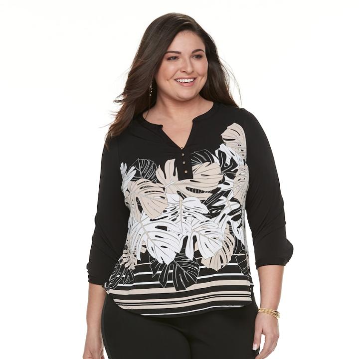 Plus Size Dana Buchman Knit Henley Top, Women's, Size: 3xl, Beig/green (beig/khaki)