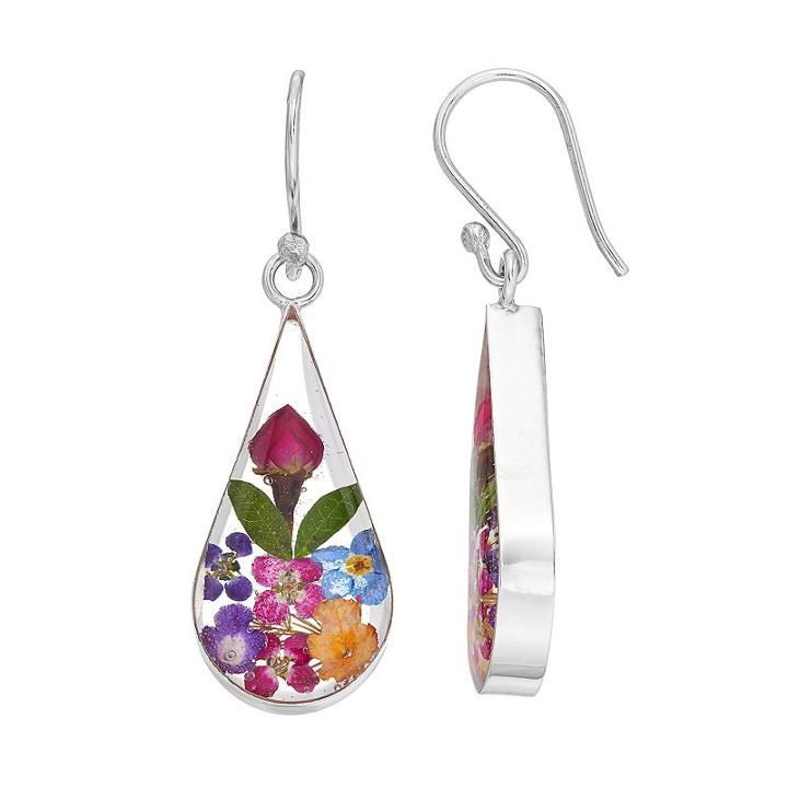 Sterling Silver Pressed Flower Teardrop Earrings, Women's, Multicolor
