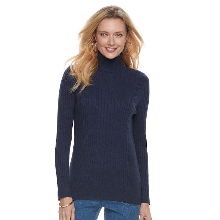 Women's Croft & Barrow&reg; Essential Ribbed Turtleneck Sweater, Size: Xl, Blue (navy)