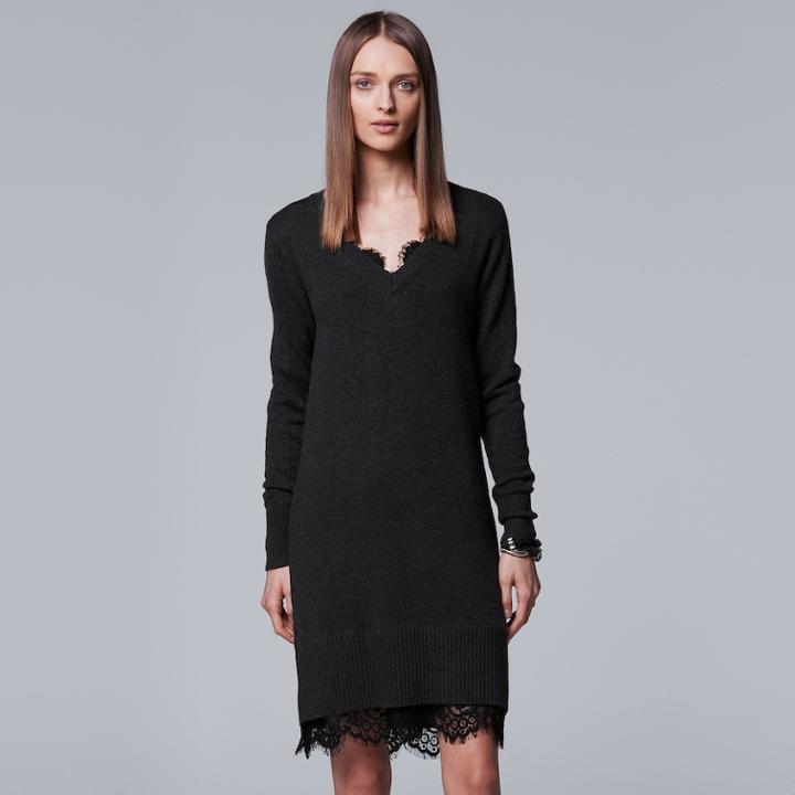 Women's Simply Vera Vera Wang Lace Hem Sweater Dress, Size: Large, Dark Grey