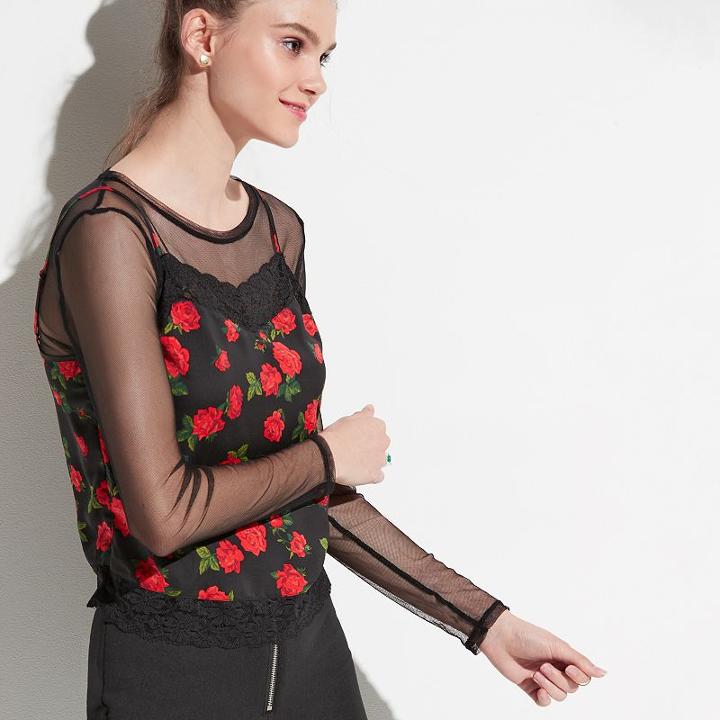 K/lab Floral & Mesh Long Sleeve Top, Teens, Size: Small, Black