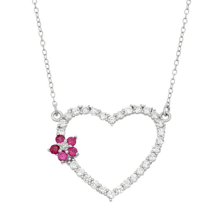 Lab-created White Sapphire & Lab-created Ruby Sterling Silver Flower & Heart Necklace, Women's, Red