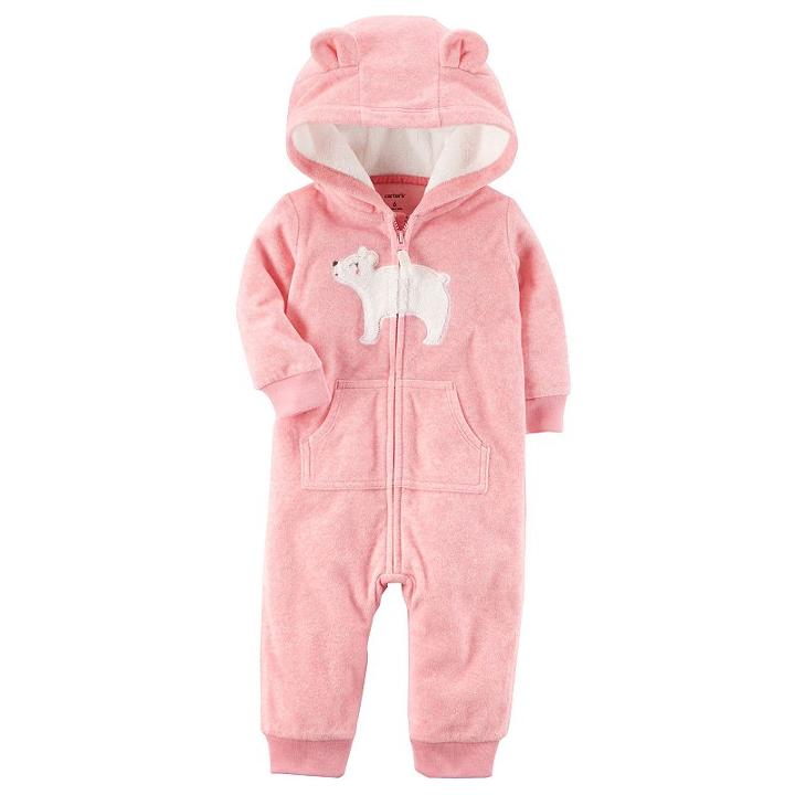 Baby Girl Carter's Bear Hooded Microfleece Coverall, Size: Newborn, Pink