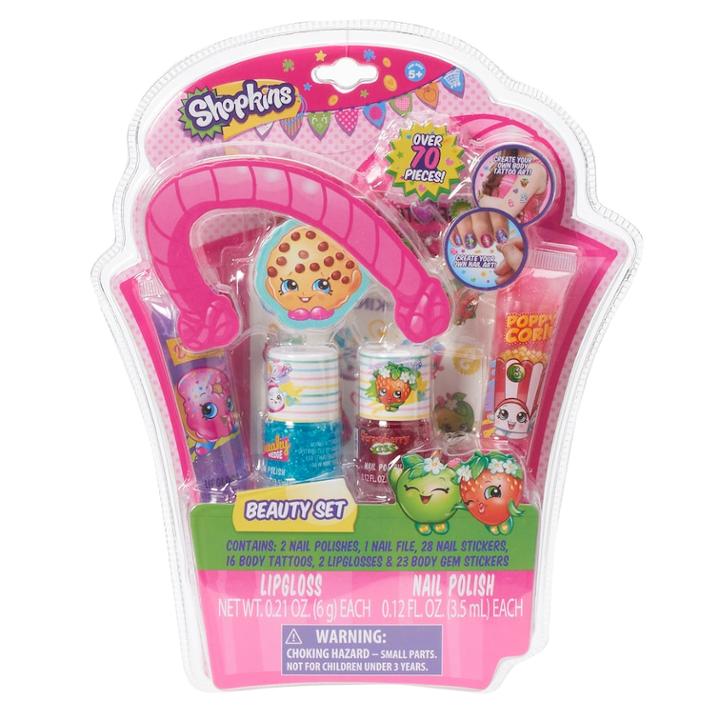 Shopkins Nail Polish, Nail Stickers, Lip Gloss, Temporary Tattoos & Body Gems Beauty Set, Pink