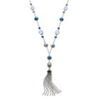 Blue Long Beaded Tassel Y Necklace, Women's