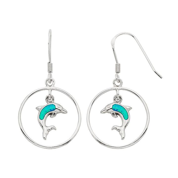 Lab-created Blue Opal Sterling Silver Dolphin Hoop Drop Earrings, Women's