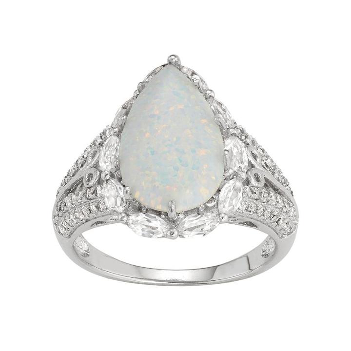 Sterling Silver Lab-created Opal & White Sapphire Teardrop Ring, Women's, Size: 9