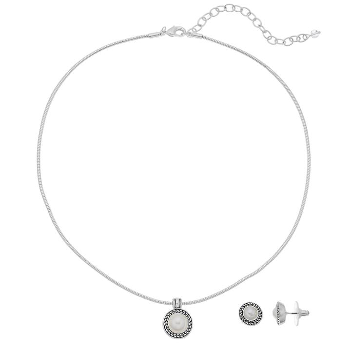 Napier Textured Halo Round Pendant Necklace & Stud Earring Set, Women's, White