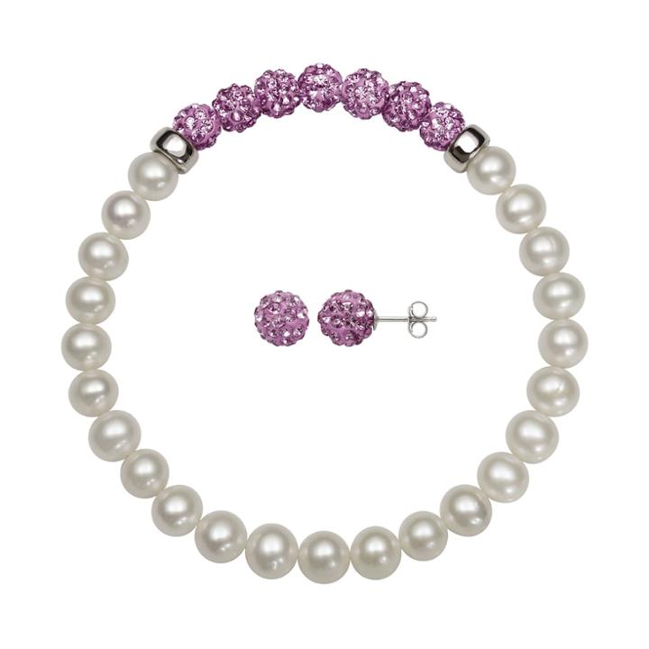 Sterling Silver Freshwater Cultured Pearl & Crystal Jewelry Set, Women's, Size: 7.5, White