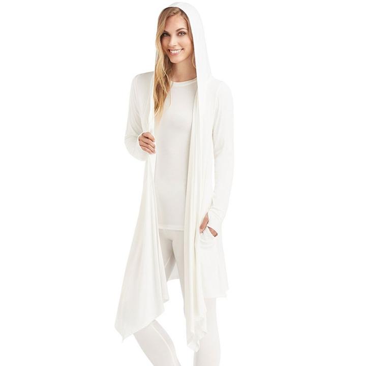 Women's Cuddl Duds Softwear Hooded Wrap Cardigan, Size: Medium, Lt Beige